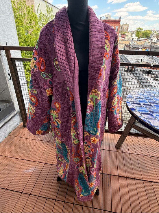 Free People Jackets & Blazers - Free People Purple Embroidered Floral Long Coat